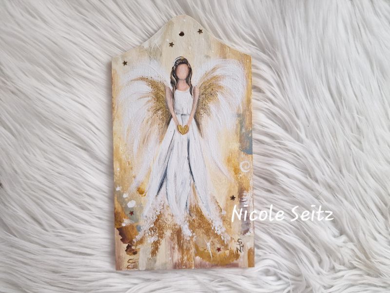 Engel auf Holzbrettchen gemalt * Weihnachtsengel Goldengel * 12 x 22 x 1 cm